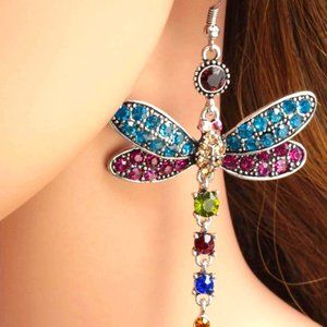 Earrings Dragonfly Rhinestone Drop Large Amazing Colors & Sparkle Pierced New